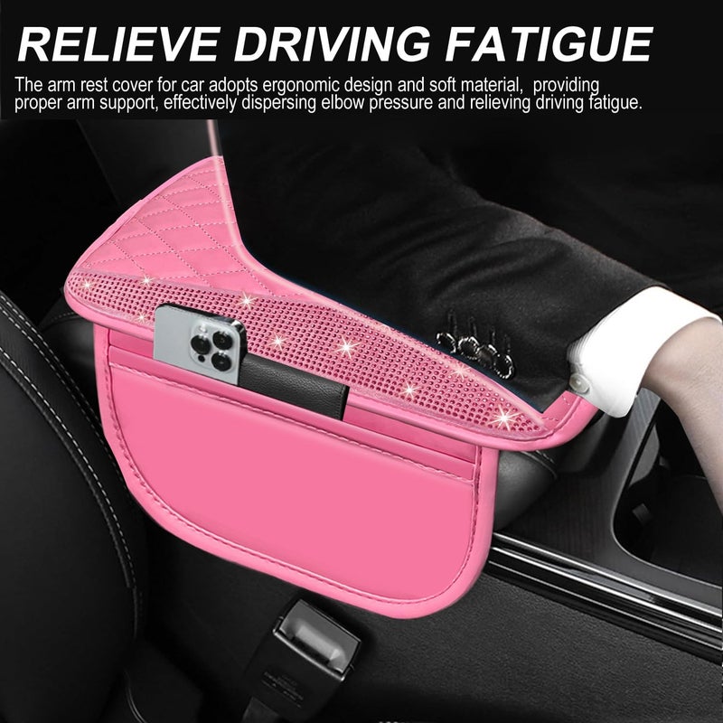 NBTEPEM Bling Pink Car Center Console Cover, Leather Middle Console Cover with 2 Storage Bags, Universal Arm Rest Cover Protector, Bling Car Accessories Interior Fit for Most Vehicles, Pink Leather - Image 4